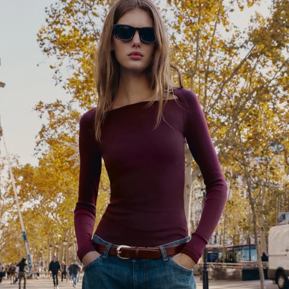 Zara Plum Long-Sleeve Ribbed Square-Neck Top